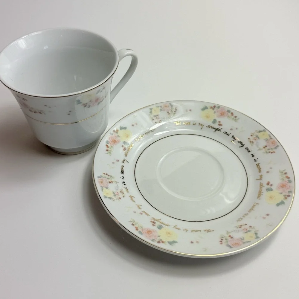 Vintage DaySpring Scripture Teacup Saucer Set Exodus KJV Christian Floral Gold